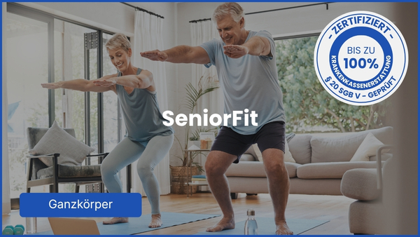 Bild zeigt 2 Menschen beim Training und den Schriftzug: SeniorFit © COPETEC